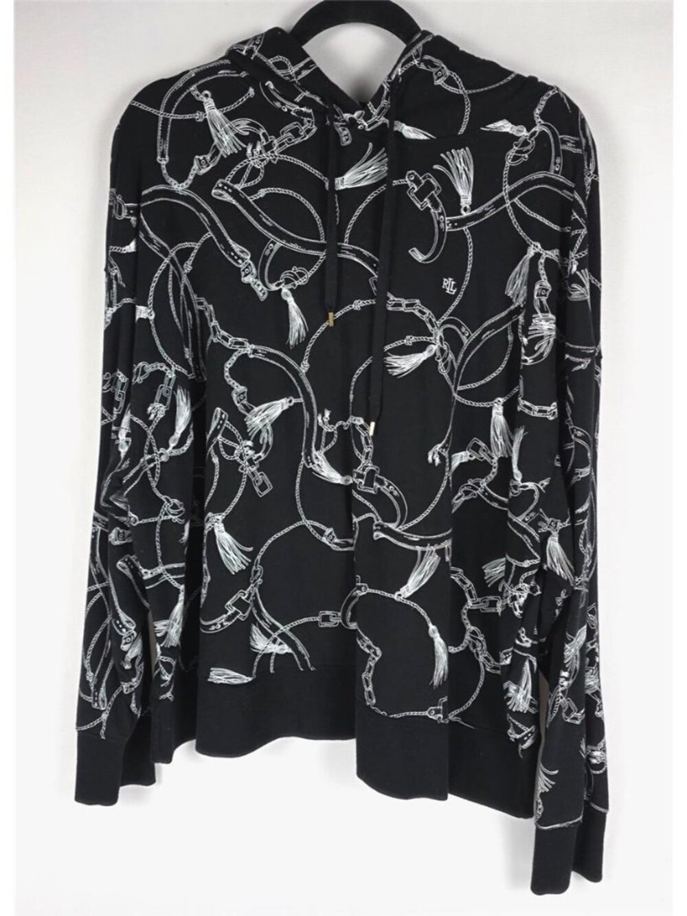 Lauren Ralph Lauren Black Chain Print Hooded Sweater Pullover RL Logo 2X - Picture 2 of 9
